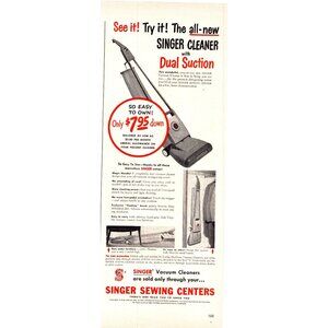 1950 Singer Upright Vacuum Cleaner Vintage Print Ad 50s Home Appliances Wall Art